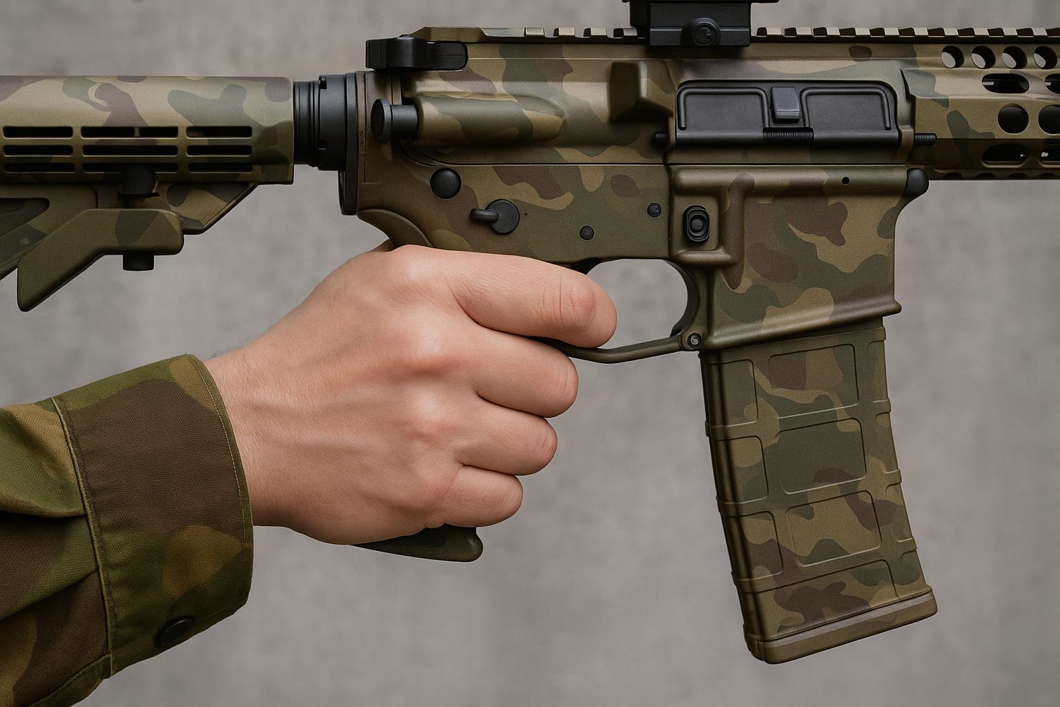 Närbild på en hand som håller ett gevärs kolv, visar korrekt grepp.